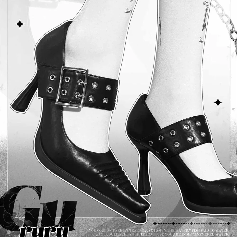 🆕 Women's Black Pu Mary Jane Closed Pointed Toe High Heel Pumps Punk Heels